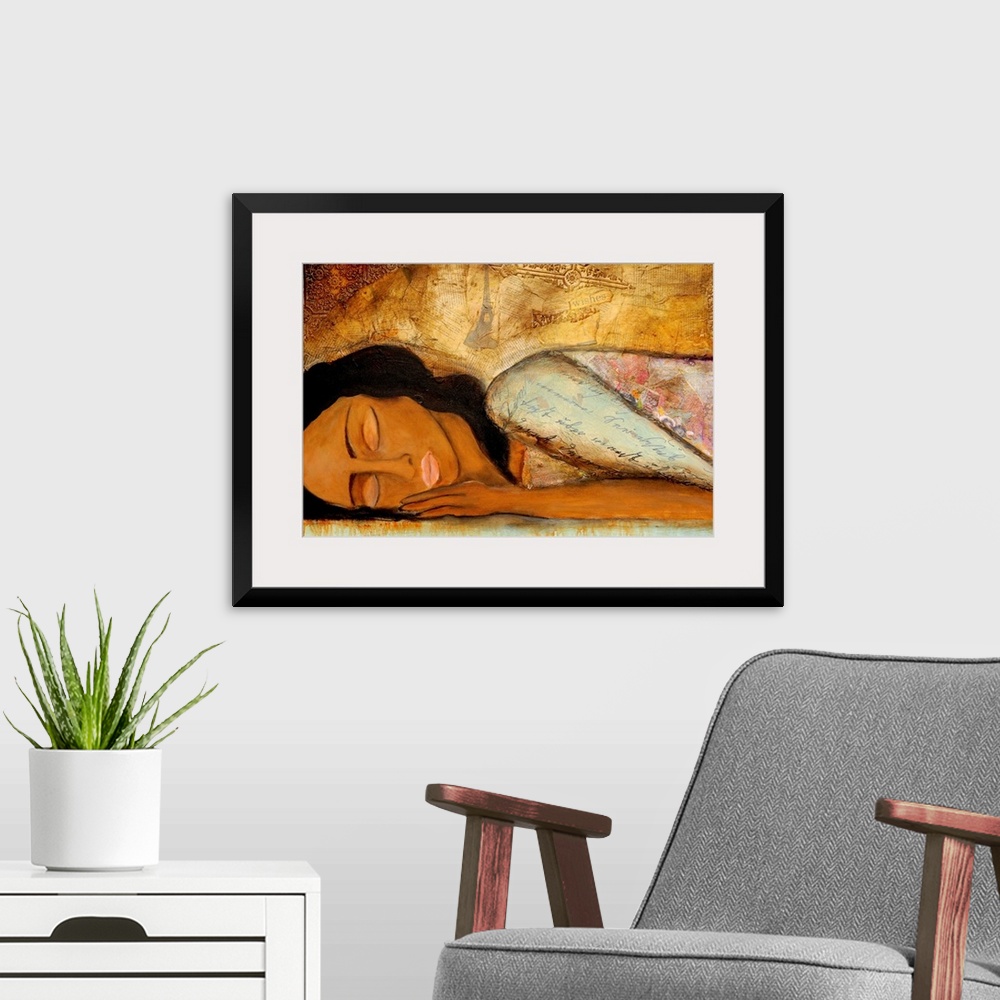 A modern room featuring Large horizontal fine art of and African-American woman lying down with her eyes closed, on a bac...