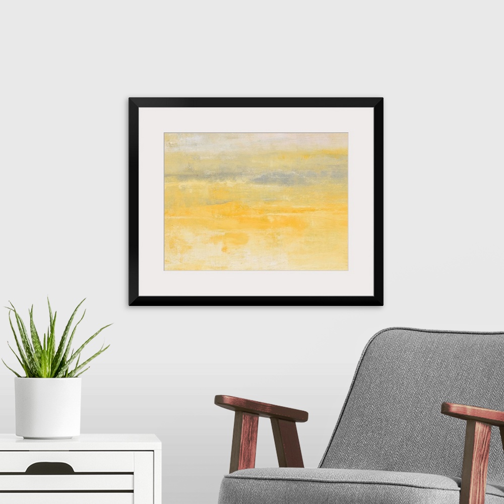 A modern room featuring Contemporary abstract painting using pale yellow and gray.