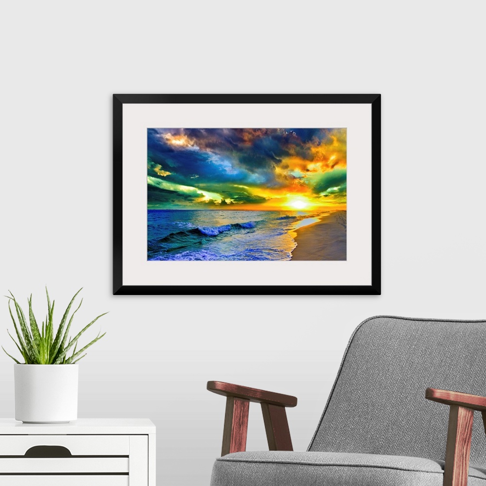A modern room featuring A beautiful sea at sunset in this landscape photo. A seascape with waves on the shore before a be...