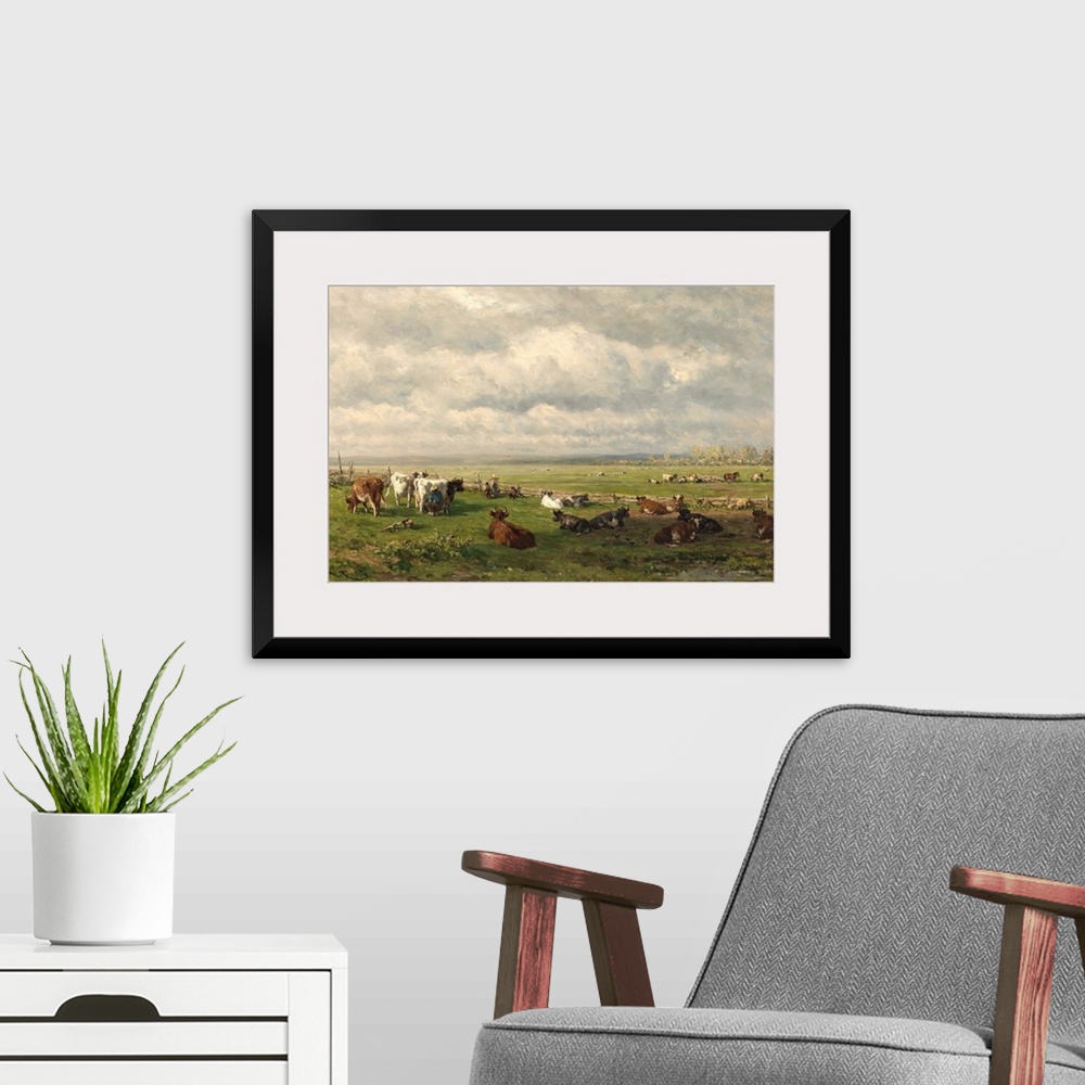 A modern room featuring Meadow Landscape with Cattle, by Willem Roelofs 1st, c. 1880, Dutch painting, oil on canvas. Farm...