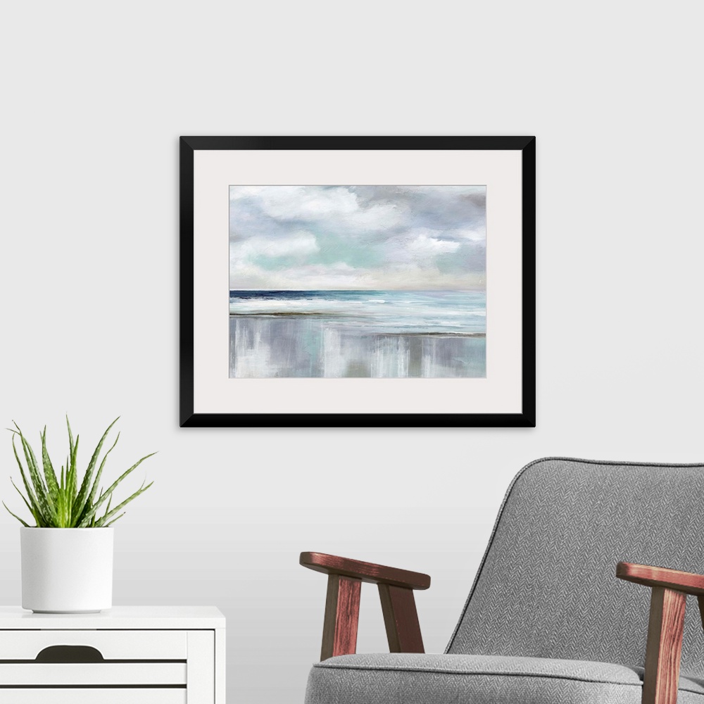 A modern room featuring Abstract landscape painting of an ocean with fluffy clouds in the sky using various blues, grays ...