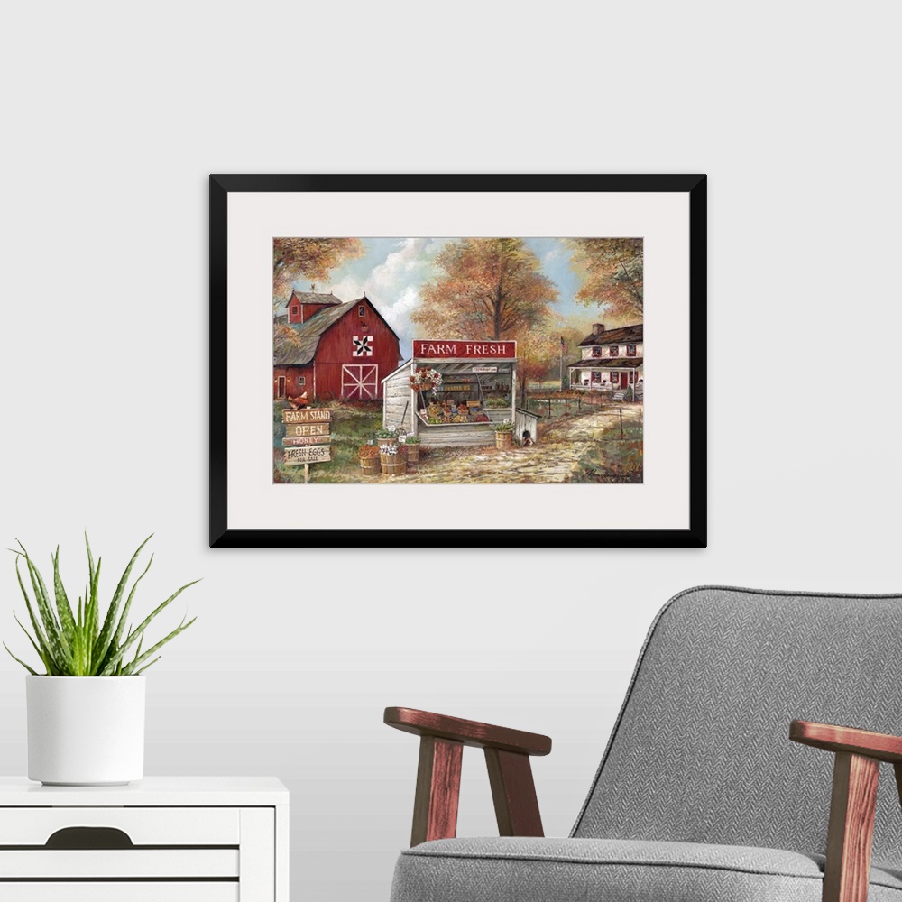 A modern room featuring Large contemporary painting of a rural farm stand with a red barn and a house in the background.
