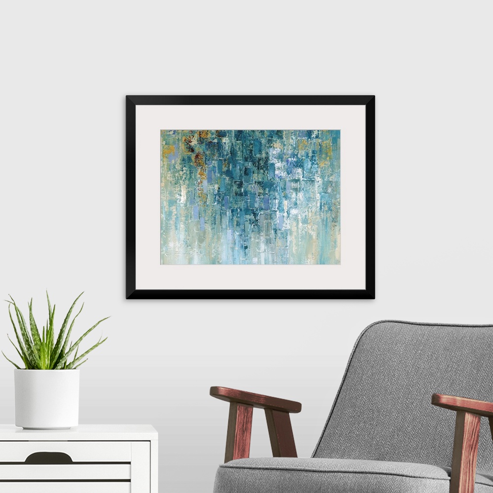 A modern room featuring Contemporary abstract art in cool colors with cascading shapes.