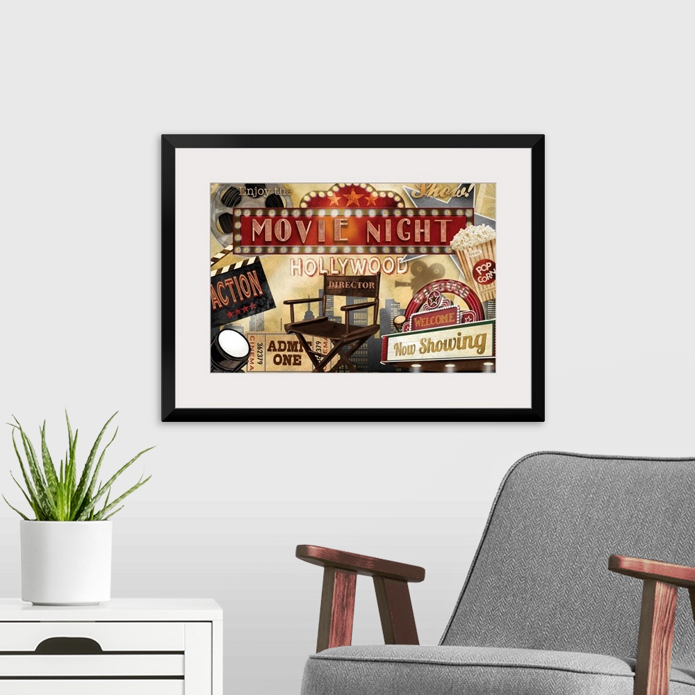 A modern room featuring A collage of movie theater themed graphic elements featuring a director's chair, popcorn and othe...
