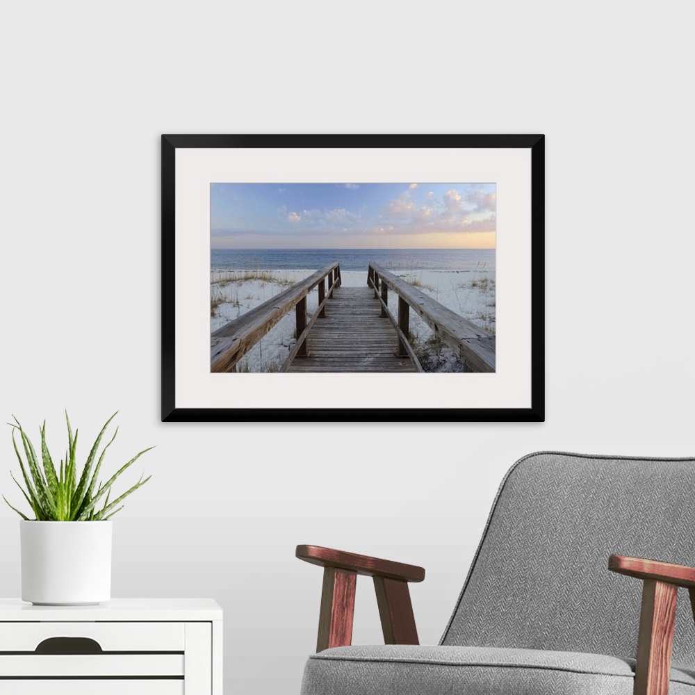 A modern room featuring Photograph of a wooden walkway leading to the sandy beach with a Pensacola sunset