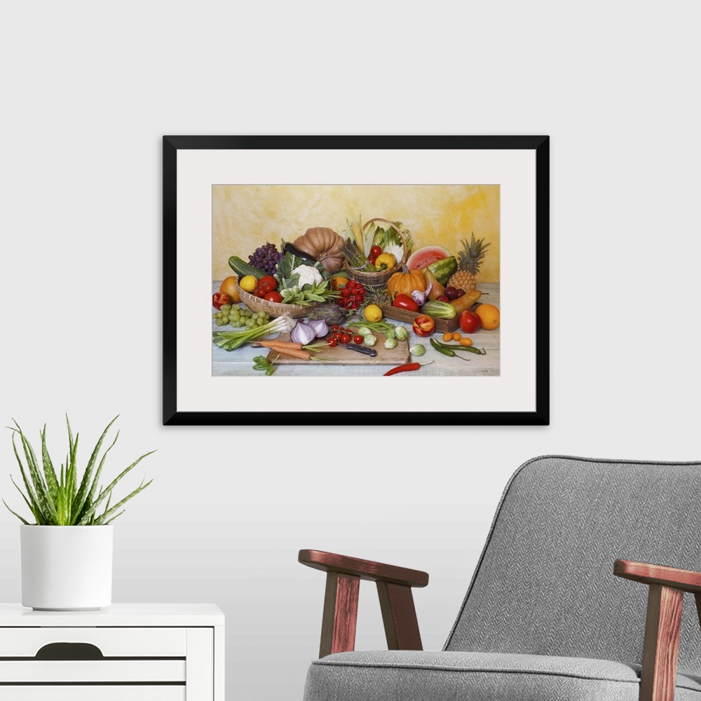 A modern room featuring Assorted vegetables and fruits on table
