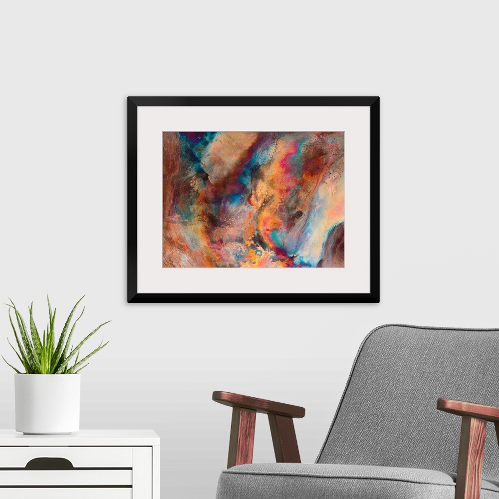 A modern room featuring Huge abstract art incorporates streaks of vivid cool tones layered on top of a highly textured ba...