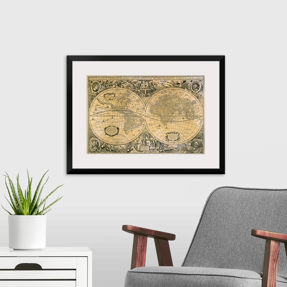 A modern room featuring An antique map that displays faded text and decorative drawings on the outside of two circles rep...