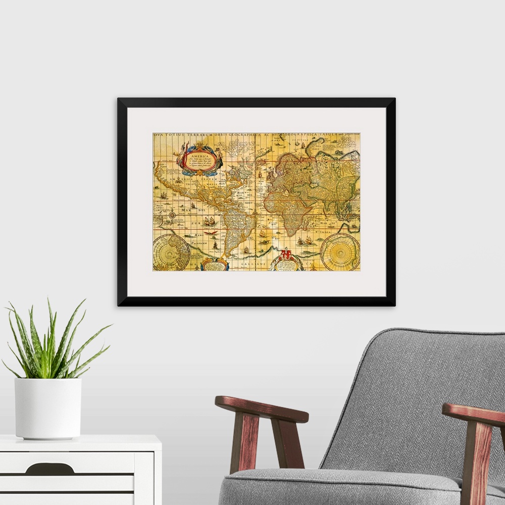 A modern room featuring Photograph of an antique map of the world portraying the continents with latitude and longitude l...