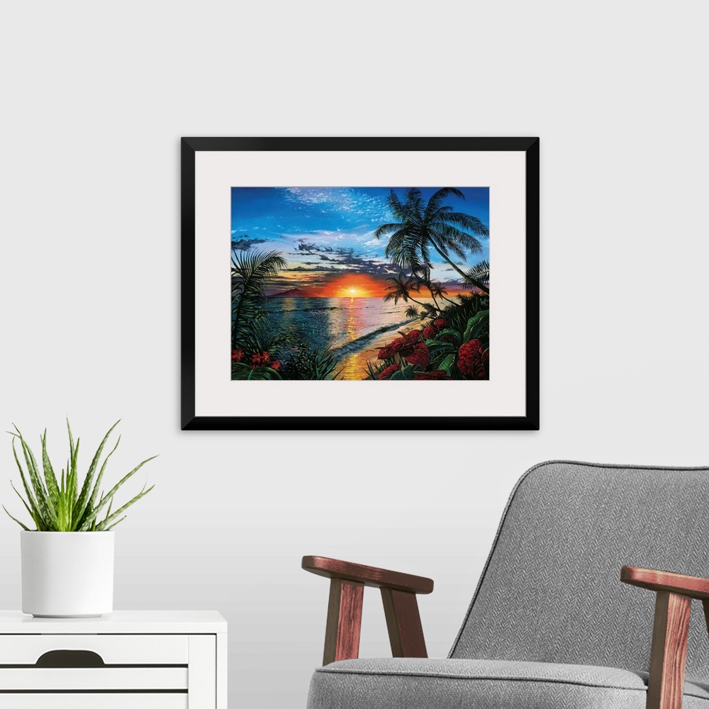 A modern room featuring This contemporary painting shows a sunset far off in the distance with palm trees and other wild ...