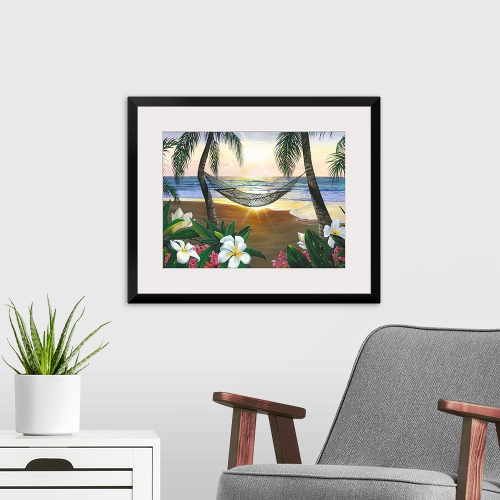 A modern room featuring This is a landscape painting of plumeria blossoms, a hammock hanging between two palm trees, and ...