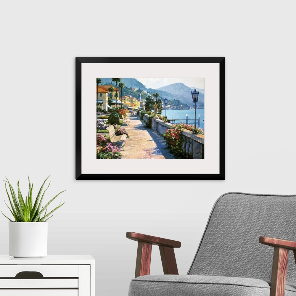 A modern room featuring Beautiful and romantic painting featuring a waterfront walkway in the idyllic town of Bellagio, o...