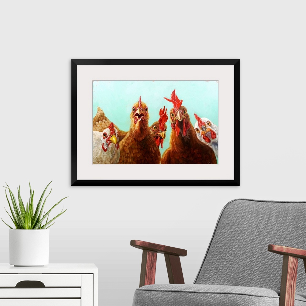 A modern room featuring A contemporary painting of a group of chickens peering at the viewer.