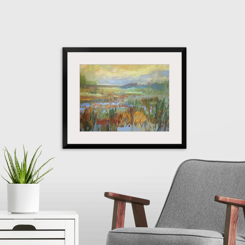 A modern room featuring Colorful contemporary landscape painting.
