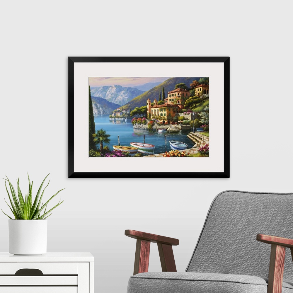 A modern room featuring Contemporary painting of an idyllic rural European village scene.
