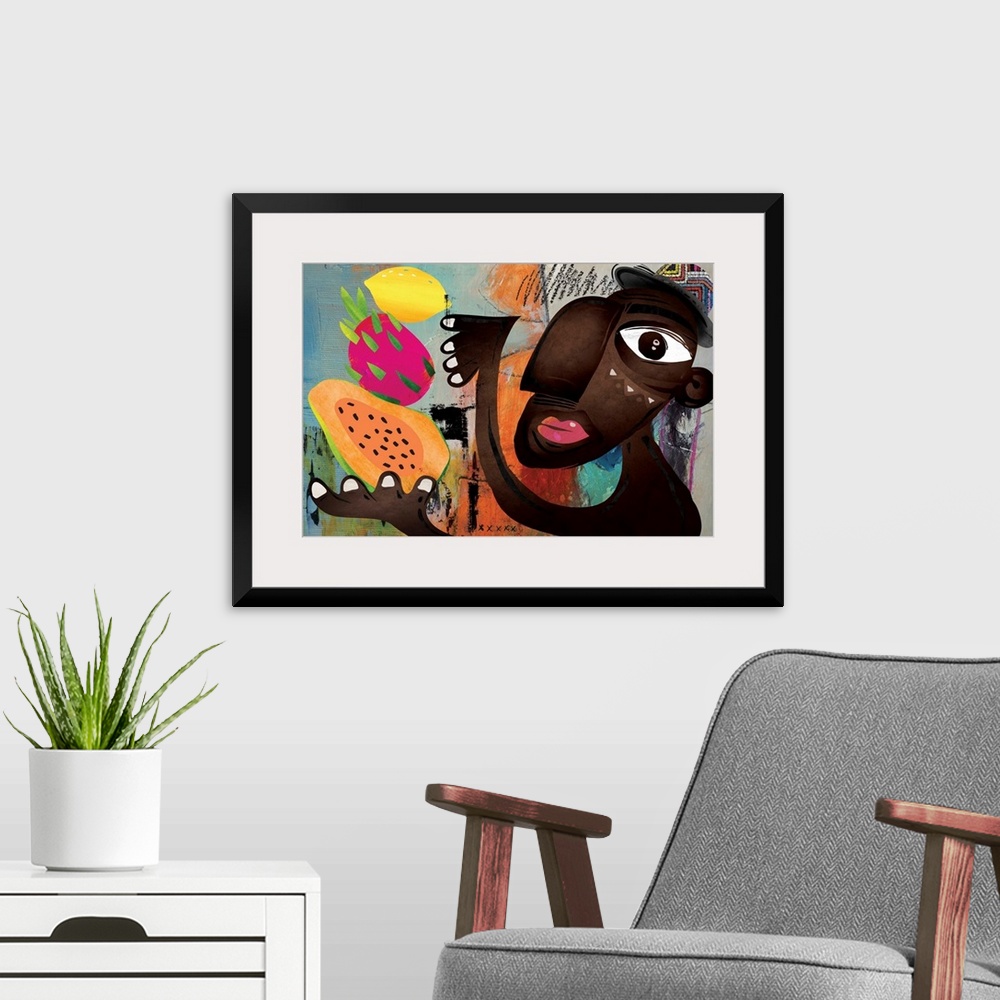 A modern room featuring Modern and funky image featuring a dark-skinned man juggling various tropical fruits. Colorful, f...