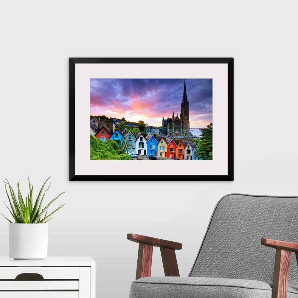 A modern room featuring Europe, Ireland, Cork, Cobh Cathedral at colored houses at sunrise