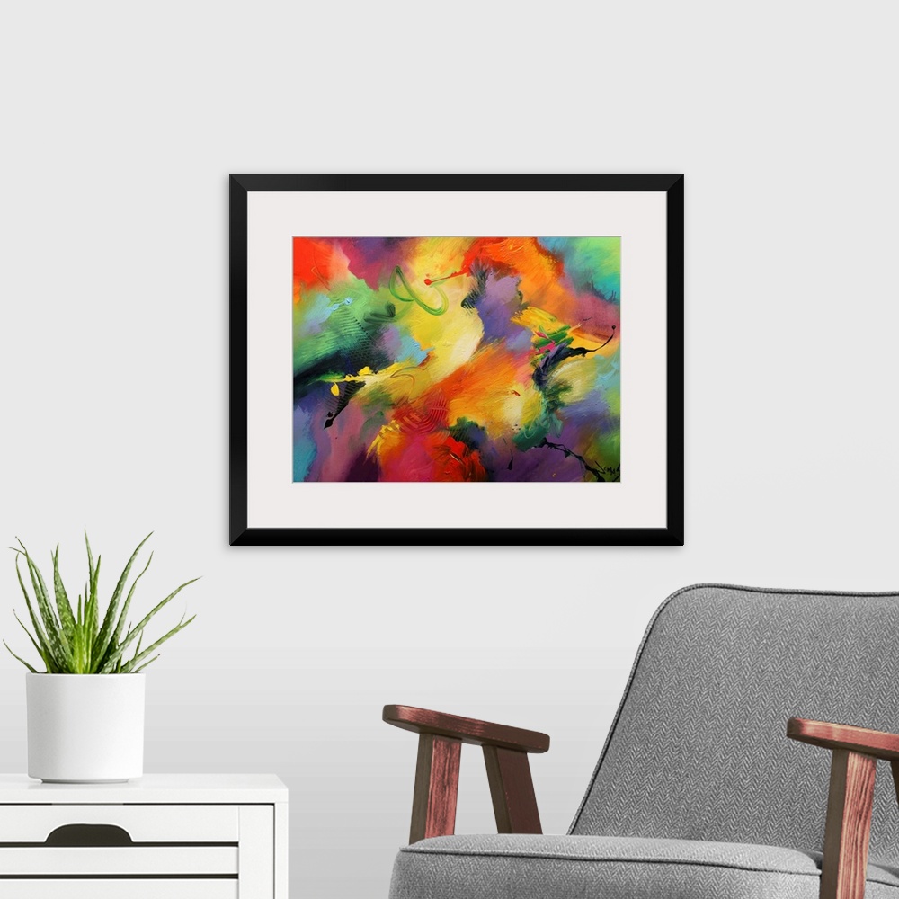 A modern room featuring A wild abstract painting of vivid colors blended together on horizontal wall art.