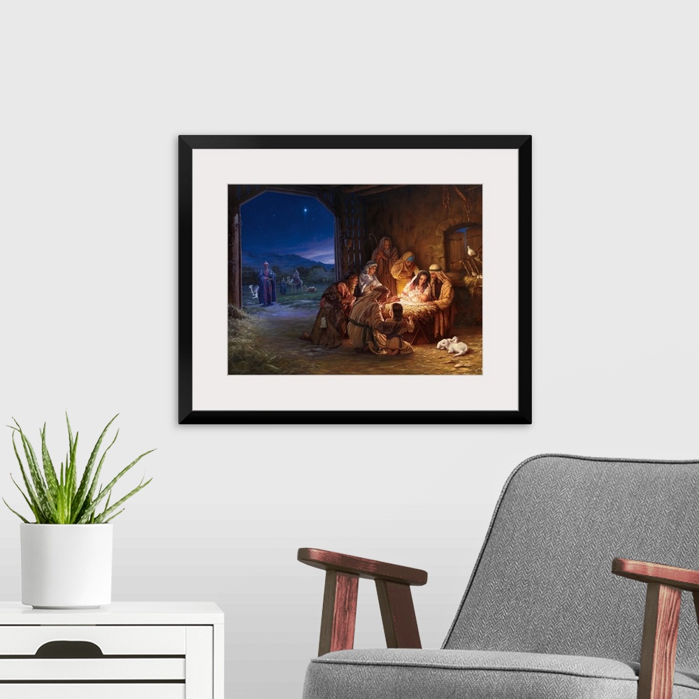 A modern room featuring Religious painting featuring the nativity scene as shepherds gather around the baby Jesus and the...