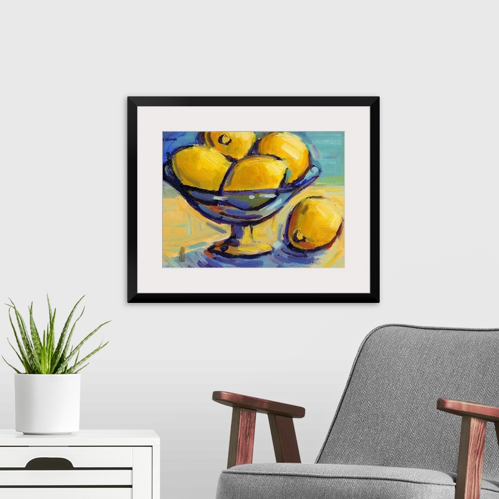 A modern room featuring A contemporary abstract painting of a bowl of lemons against a blue background.