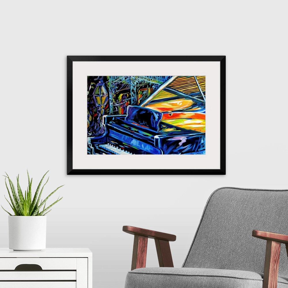 A modern room featuring This is a painting of a grand piano with the New Orleans jazz feeling of fun.