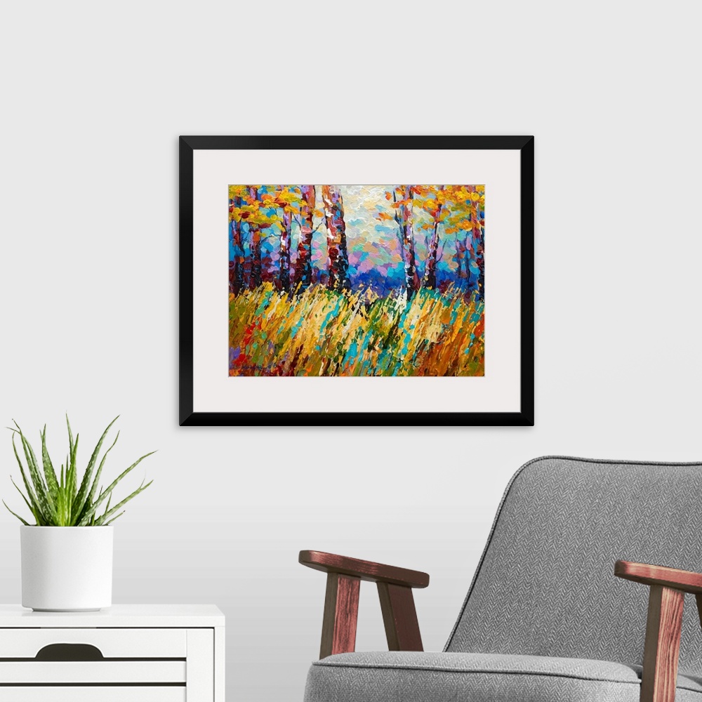 A modern room featuring Large contemporary art portrays a set of trees sitting within a field of high grass as it gently ...