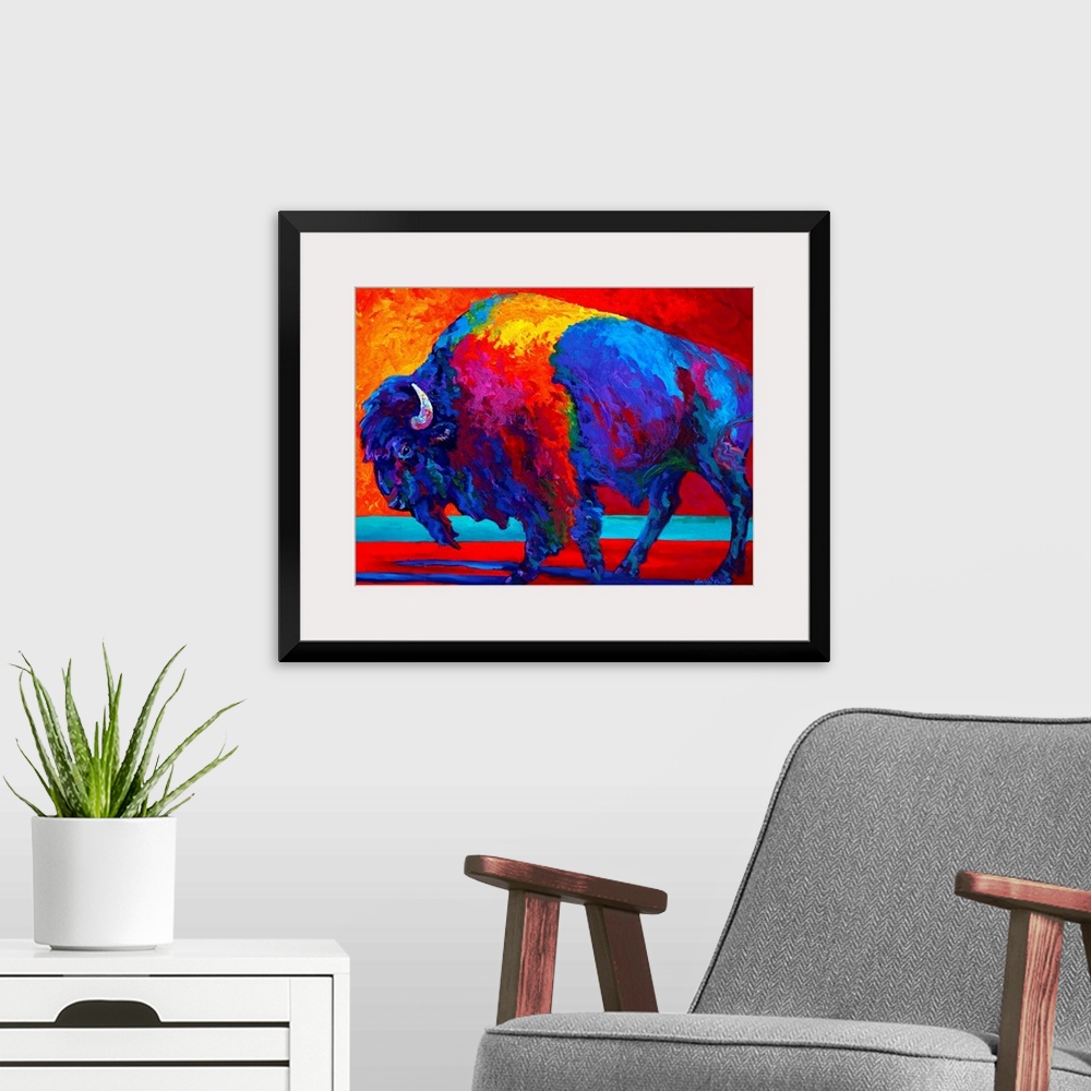 A modern room featuring Giant contemporary art focuses on the profile of a lone humpbacked shaggy-haired wild ox through ...