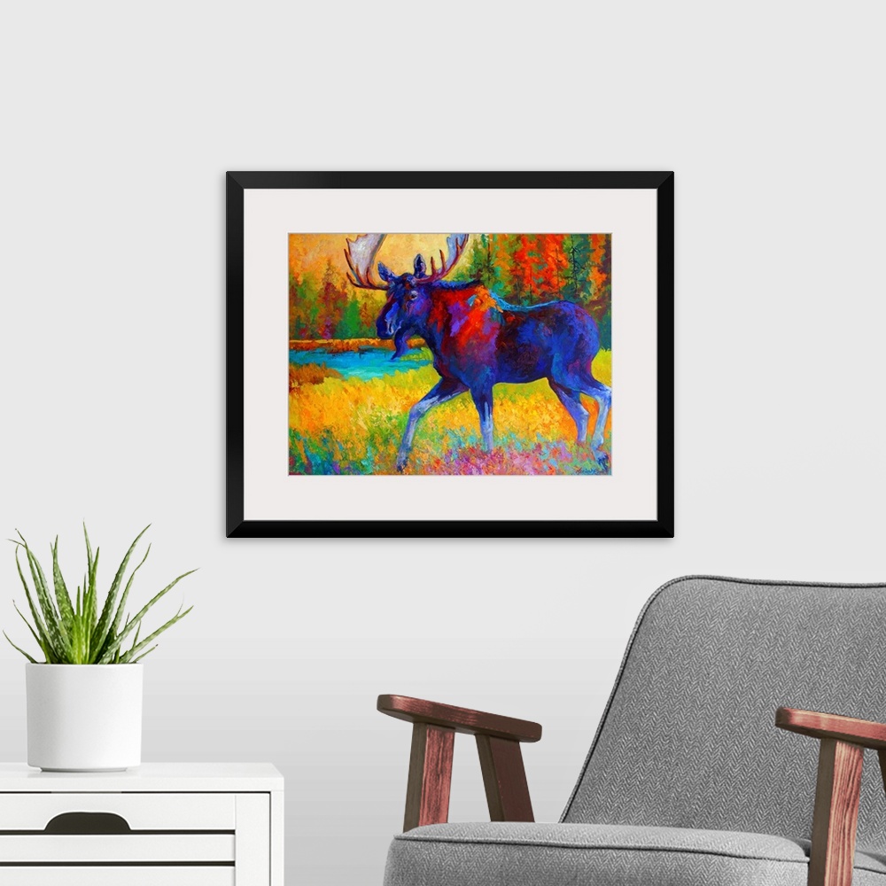 A modern room featuring A bull moose strolls through grass near a pond in a pine forest in this contemporary painting wit...
