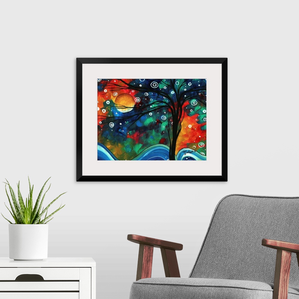 A modern room featuring Whimsical painting of bare tree with snowflakes falling and hills of snow on the ground.  The moo...