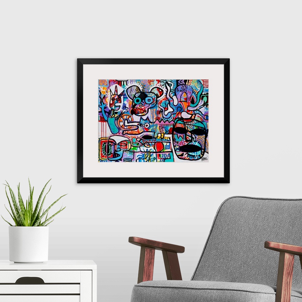 A modern room featuring Contemporary abstract painting using mouse forms with human forms in an urban art style.