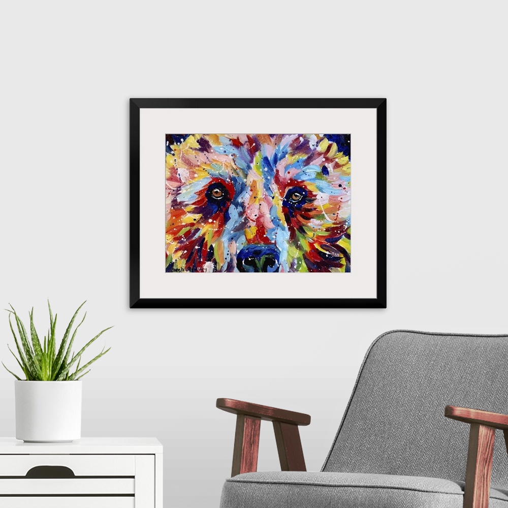 A modern room featuring Brown bear painted in rainbow colors in oil paints on canvas
