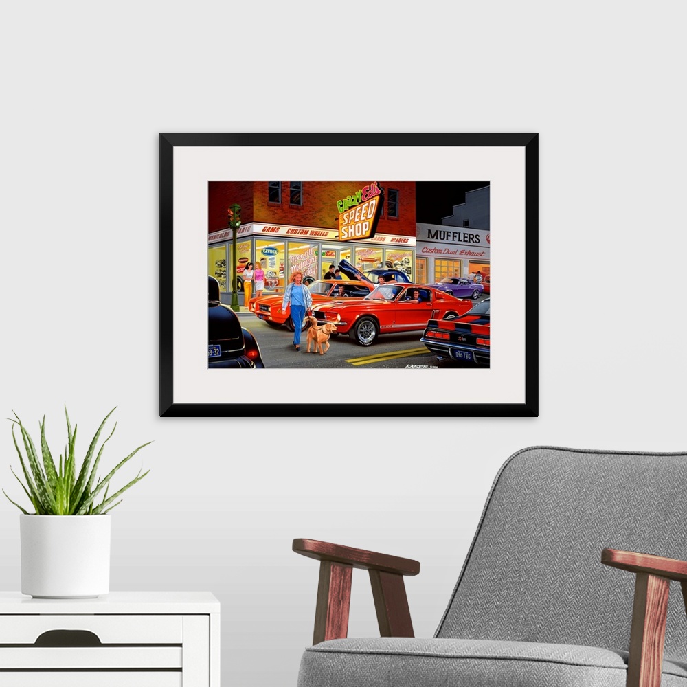 A modern room featuring A contemporary painting of a woman and her dog crossing a Mustang, GTO, Z-28 Camaro and a Ford Ho...