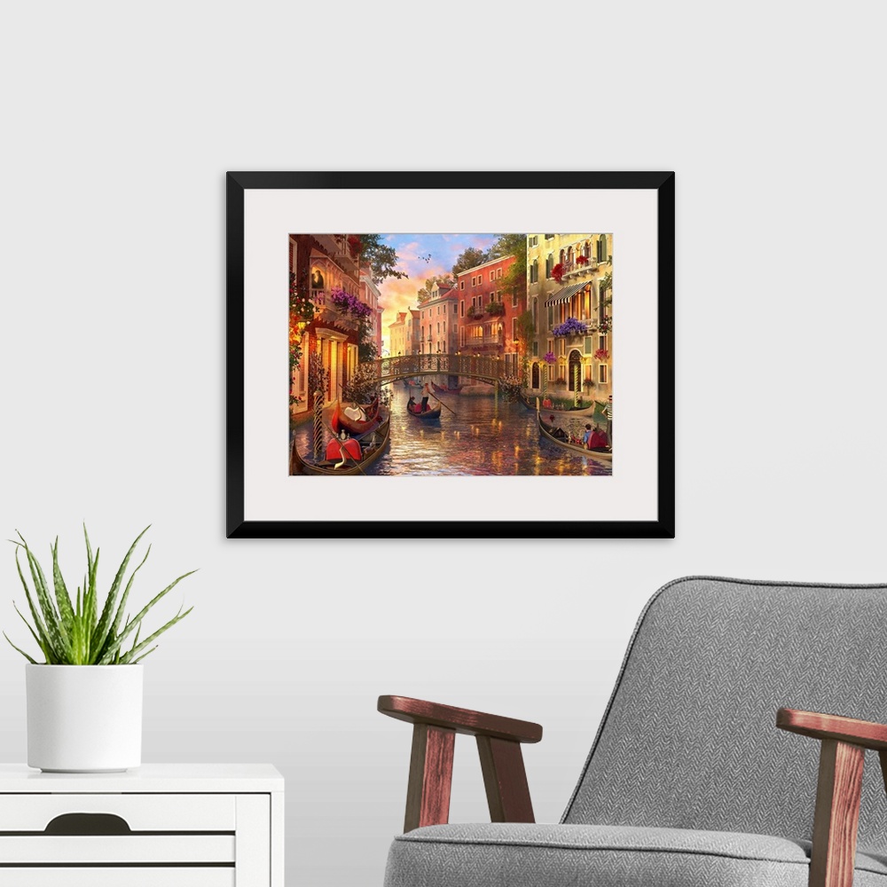 A modern room featuring Illustration of an evening sunset in Venice.