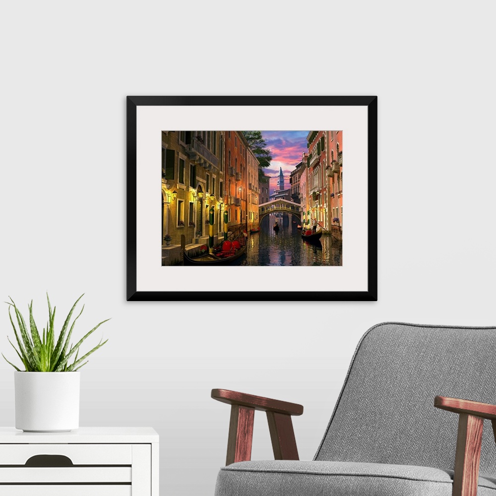 A modern room featuring A photograph of a quiet, historic canal filled with gondolas maneuvering in the twilight on this ...