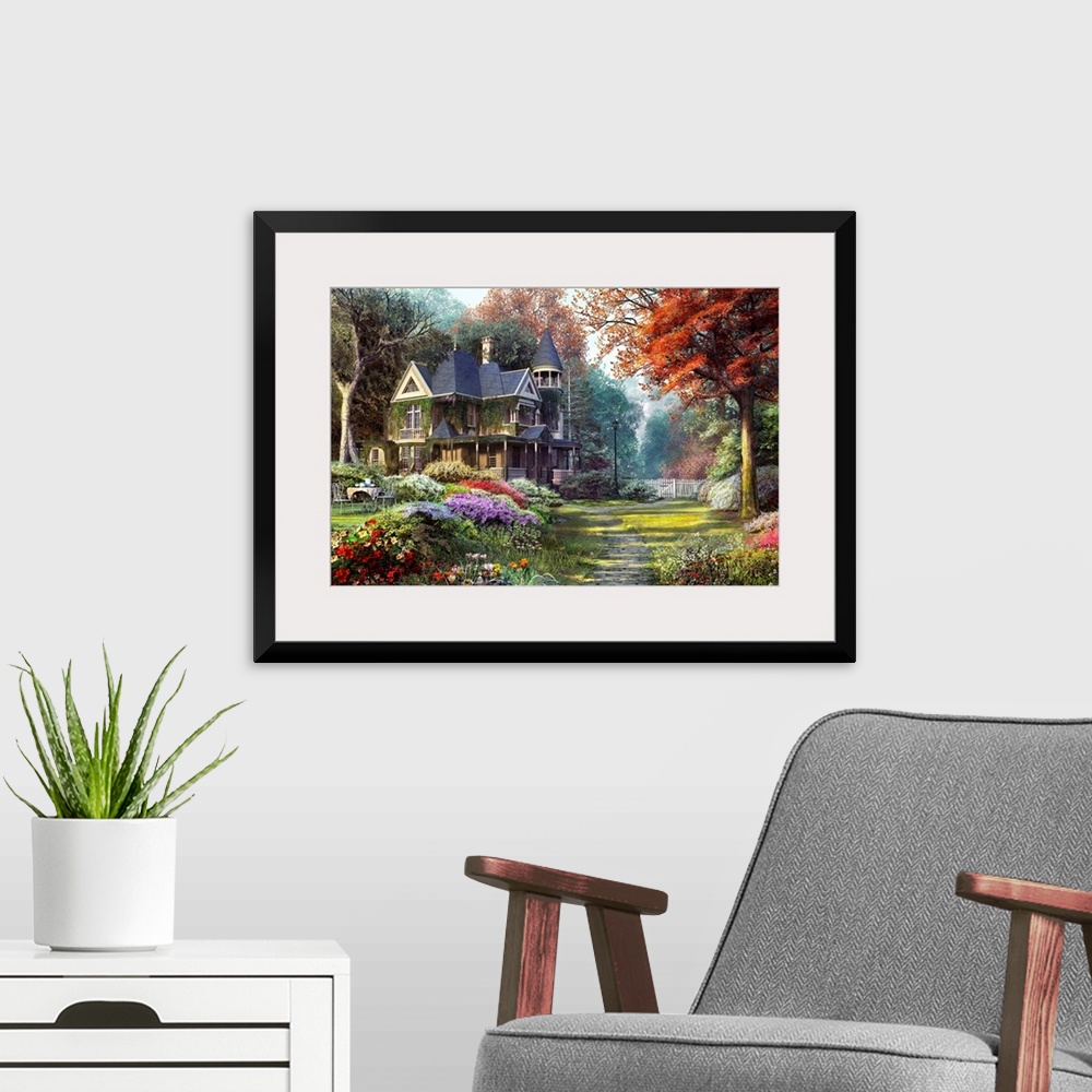 A modern room featuring Painting on canvas of a big house with a beautiful garden surrounding it.