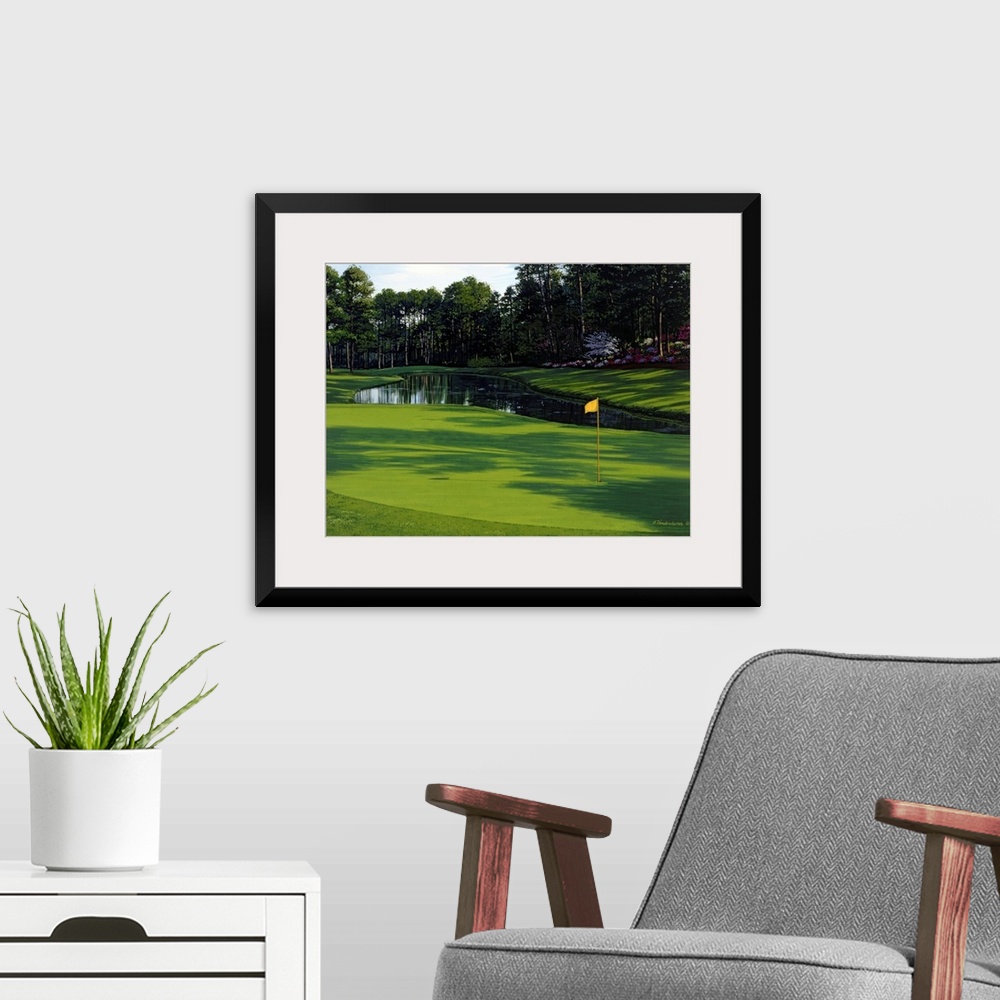 A modern room featuring Photograph of the greenway on a golf course with a small pond and trees just behind it.