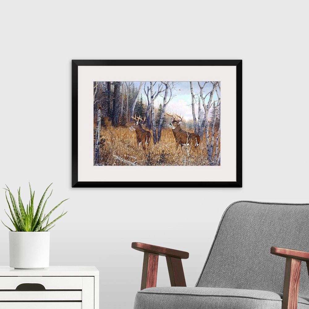A modern room featuring Artwork of two deer in the woods.