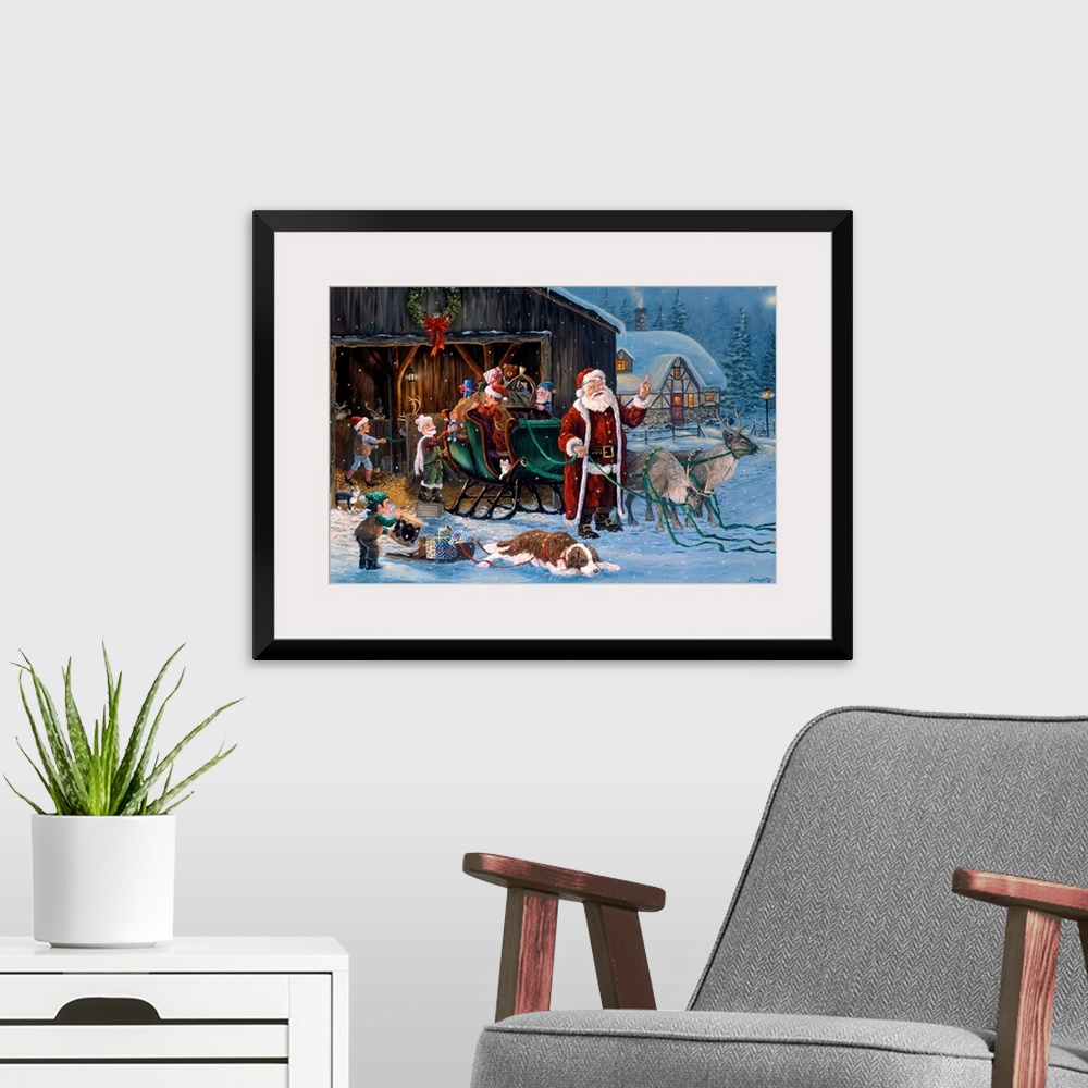 A modern room featuring Large, horizontal wall picture of Santa Claus standing in front of his sleigh while elves load it...