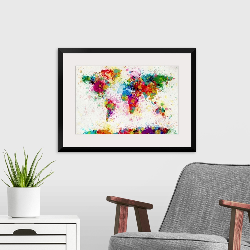 A modern room featuring Giant contemporary piece of colorful art that shows a world map composed of a number of paint dro...