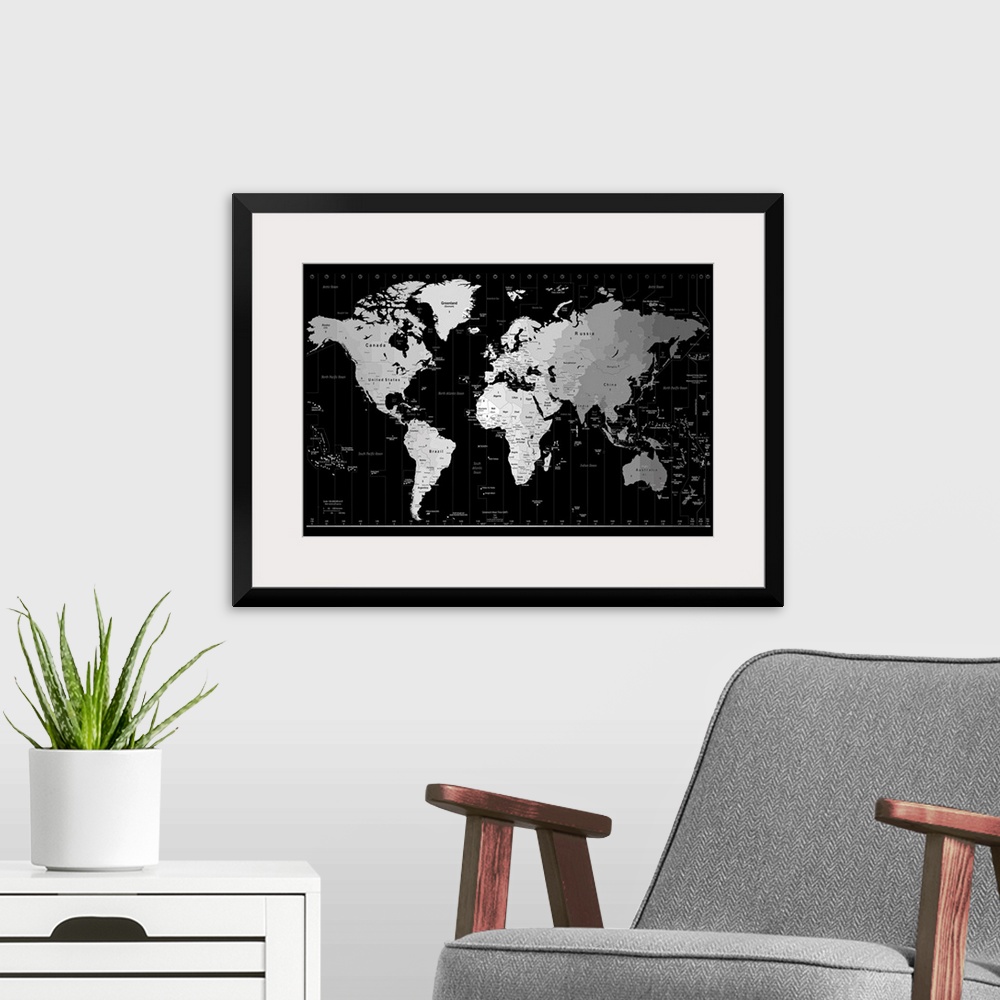 A modern room featuring A monochromatic political map of six continents where each time zone is depicted in a different s...