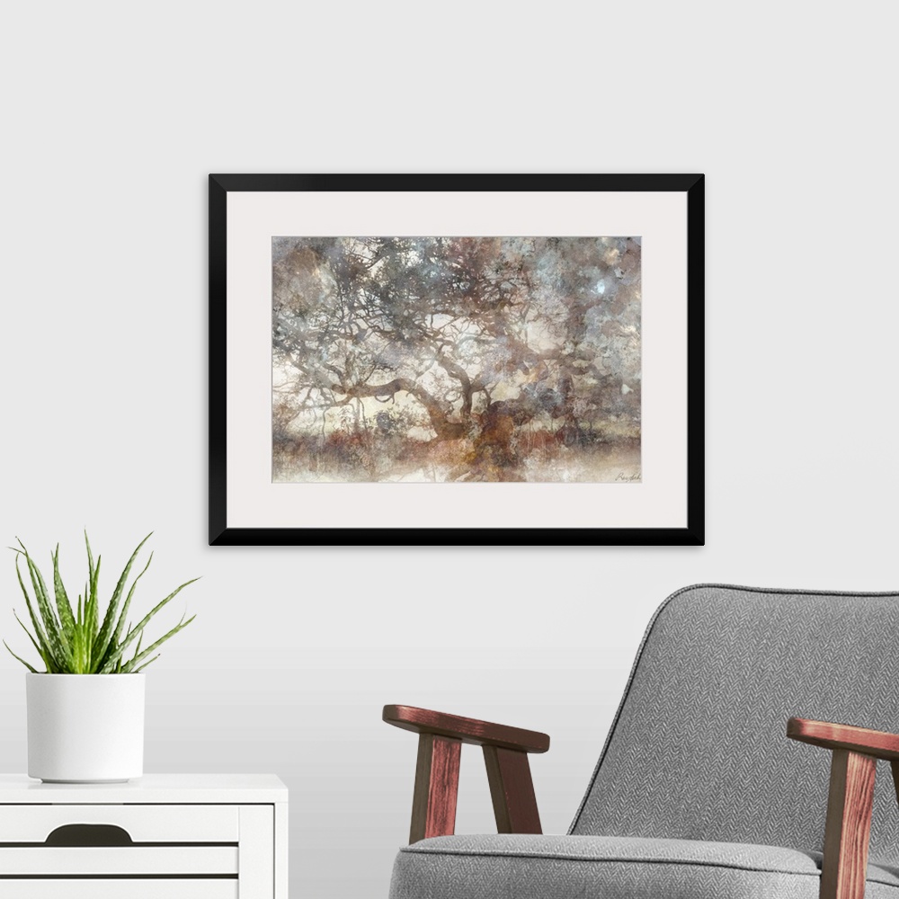 A modern room featuring A graphic interpretation of an old, twisted tree in a misty, ethereal style. The neutral tones ma...