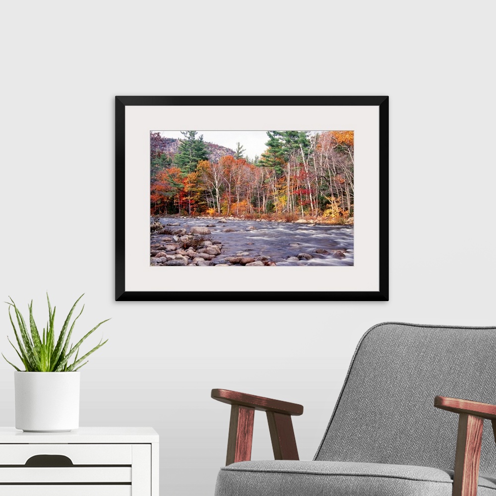 A modern room featuring This landscape photograph shows water running rapidly through a rock filled river bed lined with ...