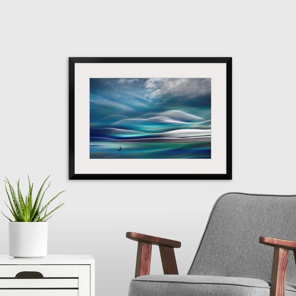 A modern room featuring Huge abstract art depicts a lone sailboat traveling across open waters with a mountain in the bac...