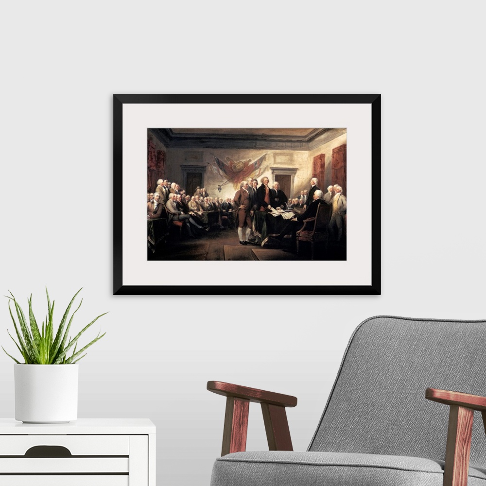 A modern room featuring The 1776 signing of the Declaration of Independence by Trumbull in Pennsylvania State House, now ...