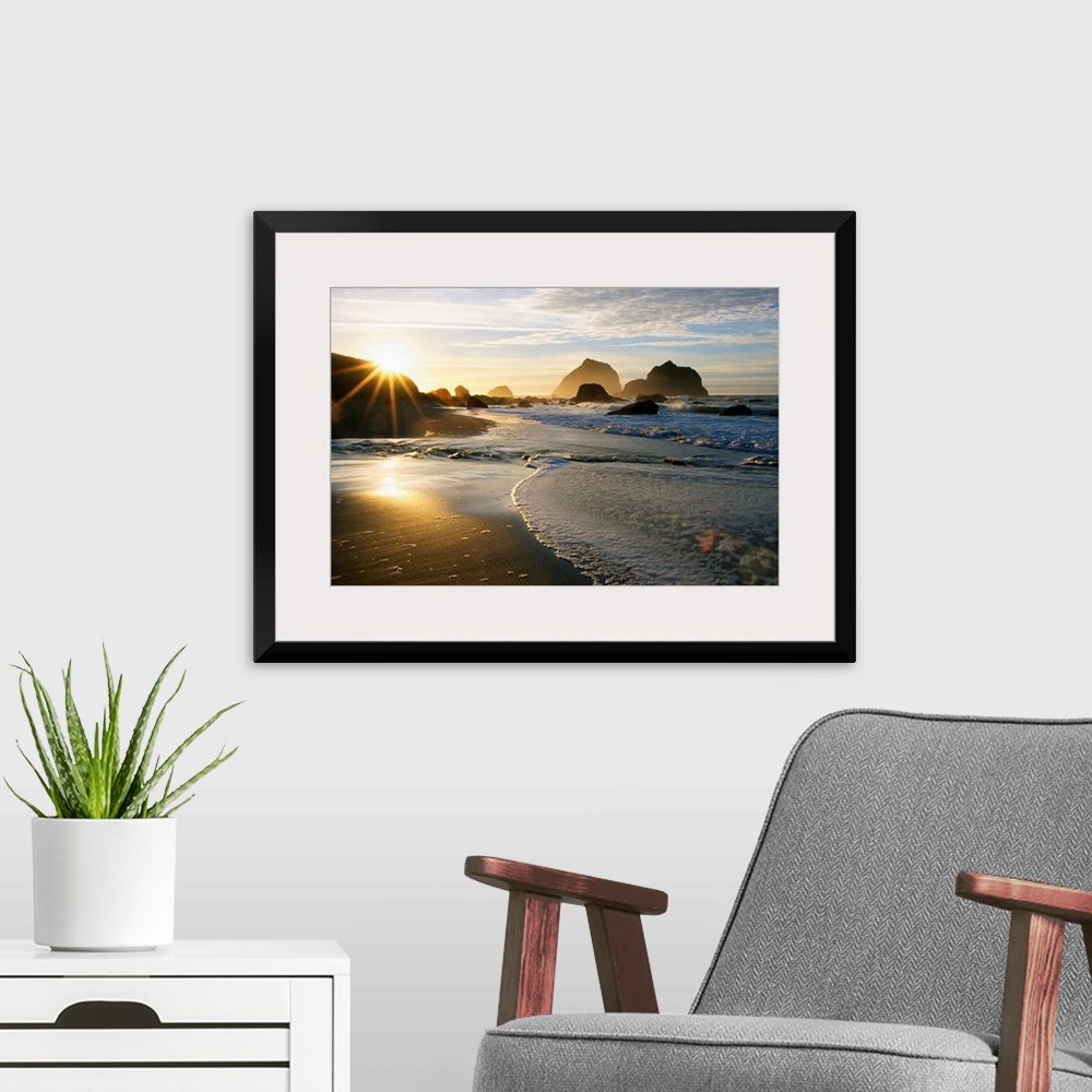 A modern room featuring Panoramic photograph displaying a sunset over an ocean and sandy beach.  In the background you ca...