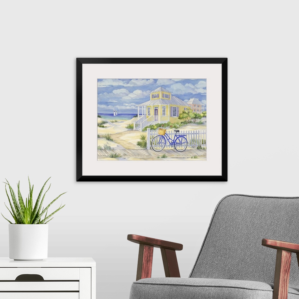 A modern room featuring Watercolor painting of a bicycle leaning against a fence near a beach house.