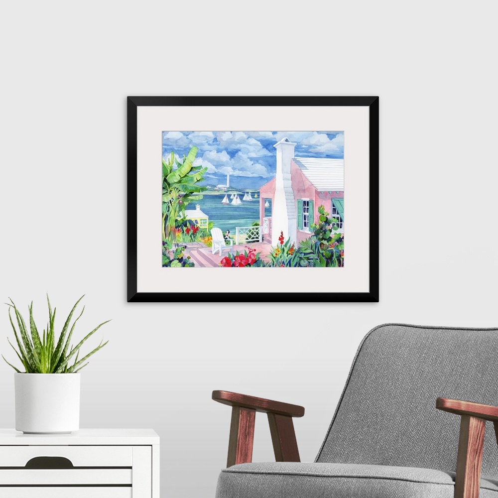 A modern room featuring Watercolor painting of a Bermuda resort town.
