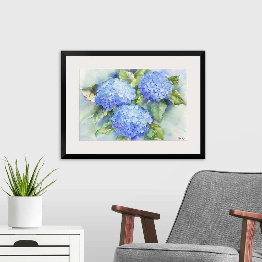 A modern room featuring Large watercolor painting of blue hydrangeas.