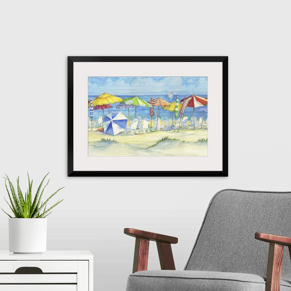 A modern room featuring Watercolor painting of several adirondack chairs and colorful beach umbrellas on a sandy shore.