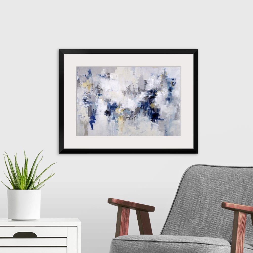 A modern room featuring Abstract painting in shades of white and light gray with accents of blue throughout.